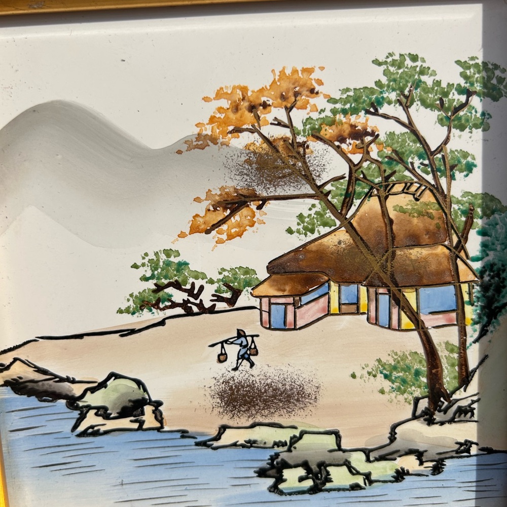 Vintage Japanese White w/ Black frame Landscape Water Fishing 7”x7” Japan - Picture 6 of 13